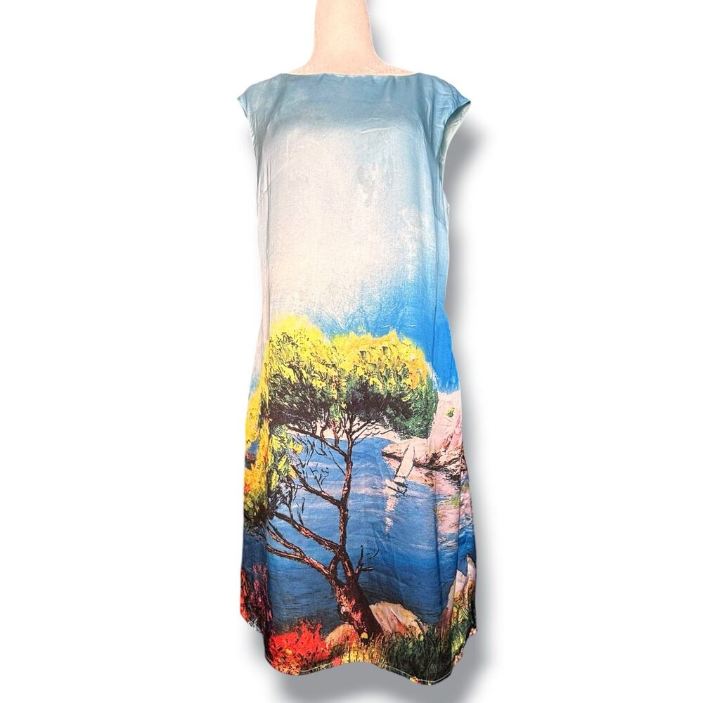 Molly Bracken Blue Coastal Scenic Print Shift Dress Sleeveless Artsy Euro Summer